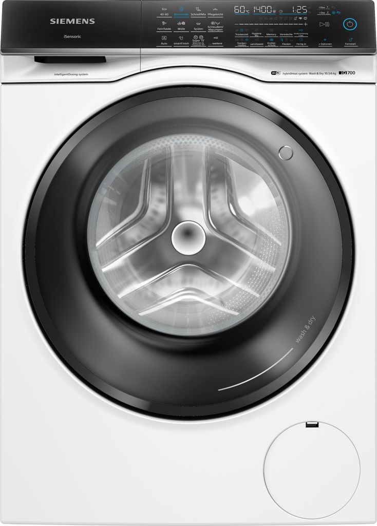A front view of a white Siemens washing machine with a black door and control panel.