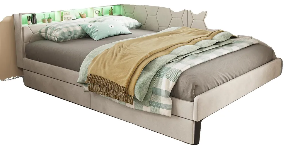 Lit gigogne modulable beige 90x200 avec LED pour chambre d'enfant moderne