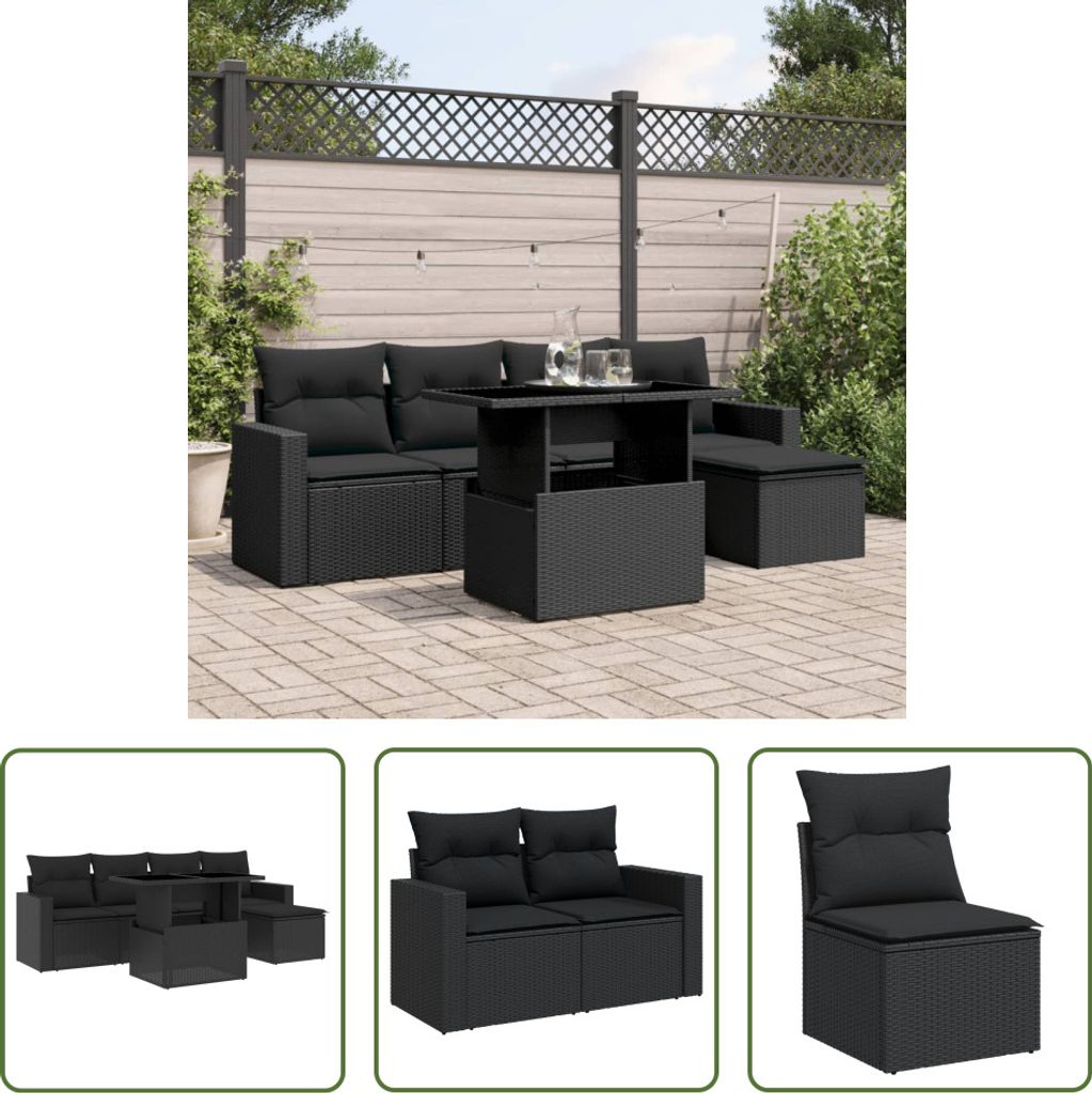 The Living Store 6-tlg. Garten-Sofagarnitur mit Kissen Schwarz Poly Rattan