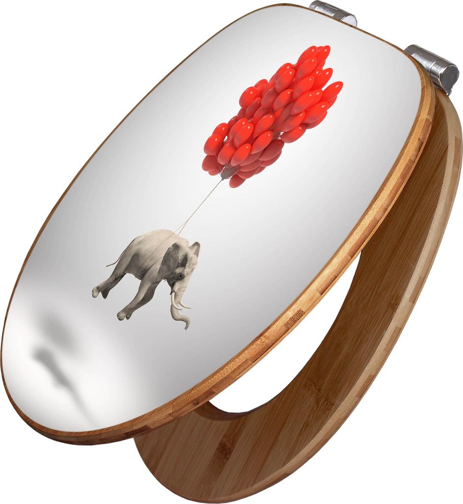 banjado Design WC Sitz Bambus Absenkautomatik - Fliegender Elefant - Toilettendeckel mit Absenkautomatik Holz/hochwertiger Bambus Klodeckel/WC-Sitz...