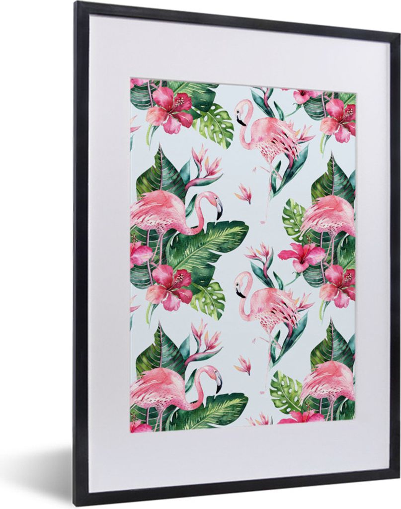 MuchoWow MuchoWow Gerahmtes Poster Muster - Blätter - Flamingo 30x40 cm - Poster mit zchwarzem Bilderrahmen - Wandposter Schlafzimmer