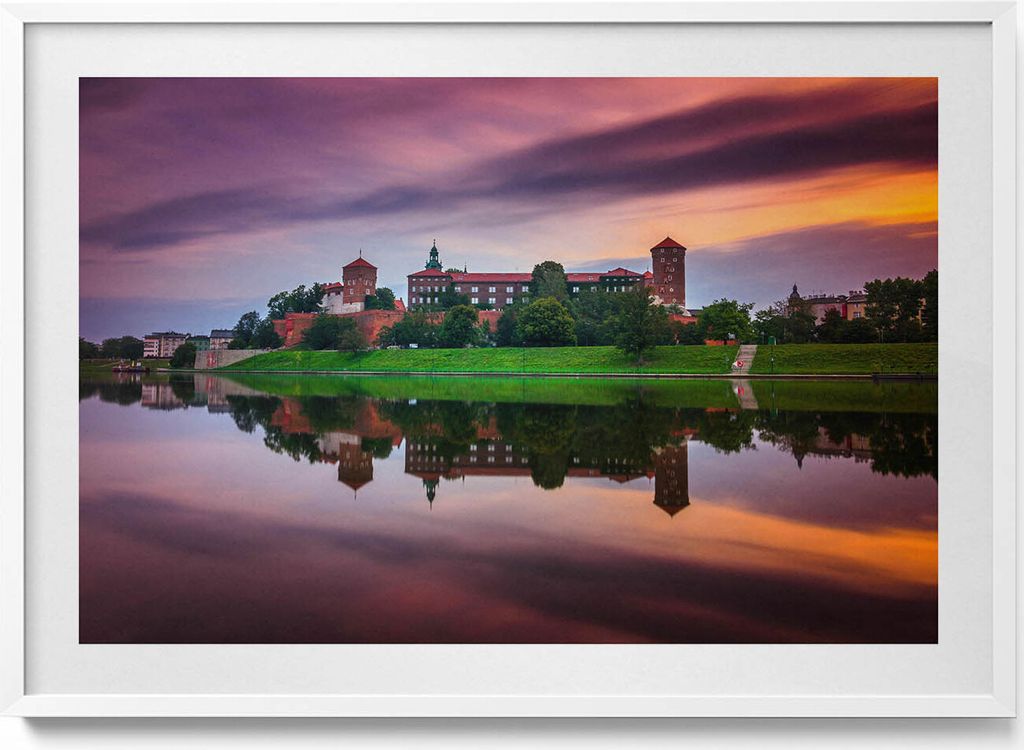 Sonnenaufgang am Königsschloss Wawel– Wandbild mit Rahmen – Gerahmtes Bild – Wanddekoration – 100x70 cm – Weiß Rahmen
