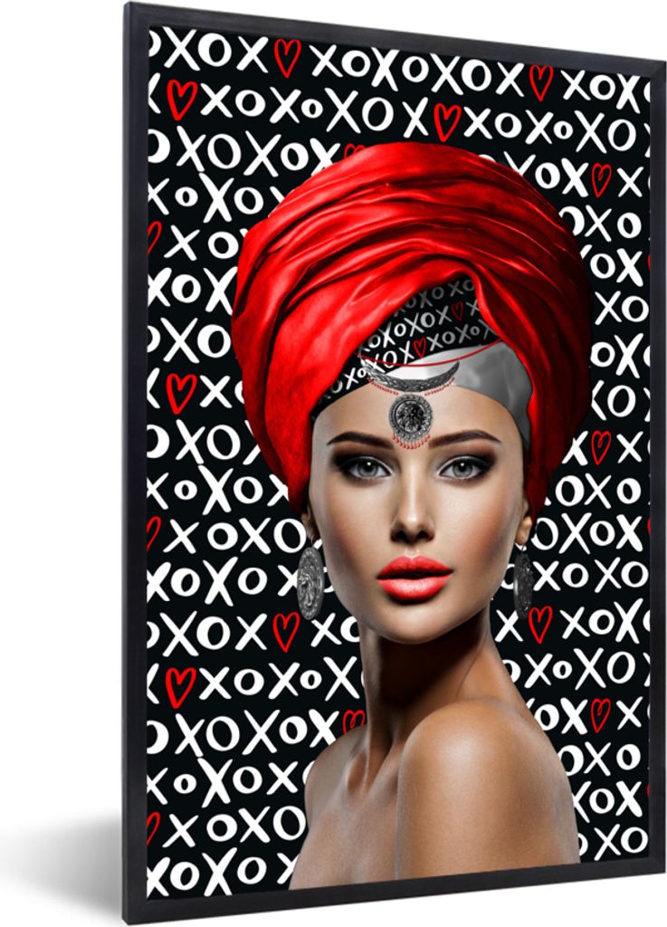 MuchoWow MuchoWow Gerahmtes Poster Frau - Muster - Rot 40x60 cm - Poster mit zchwarzem Bilderrahmen - Papierdruck - Wandbilder