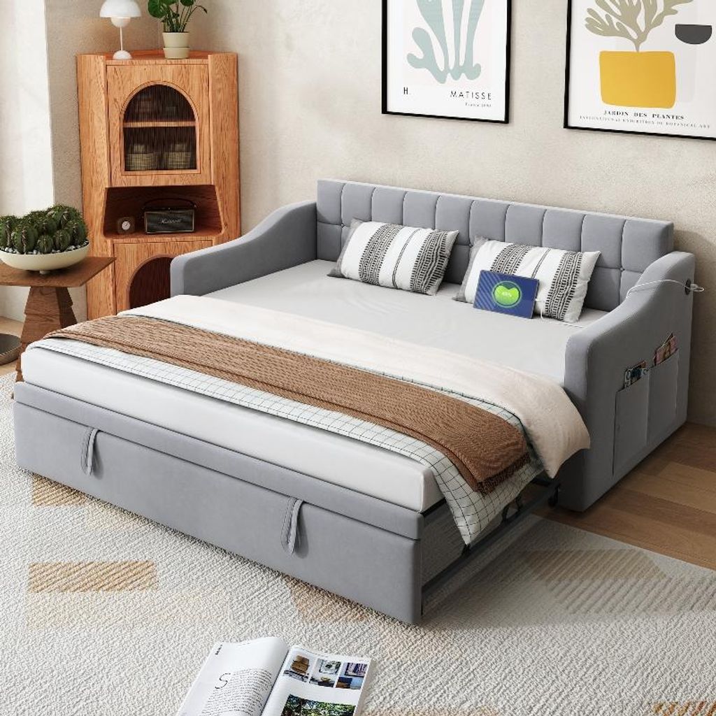 Schlafsofa ausziehbar 90x190cm mit Samtbezug in Hellgrau Produktbild 