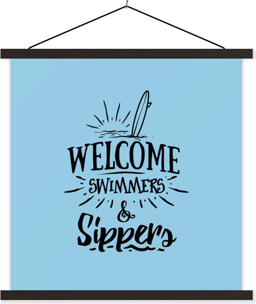 MuchoWow Textilposter Surfbrett - Blau - Spruch 90x90 cm mit schwarzem Rahmen - Magnetisches
