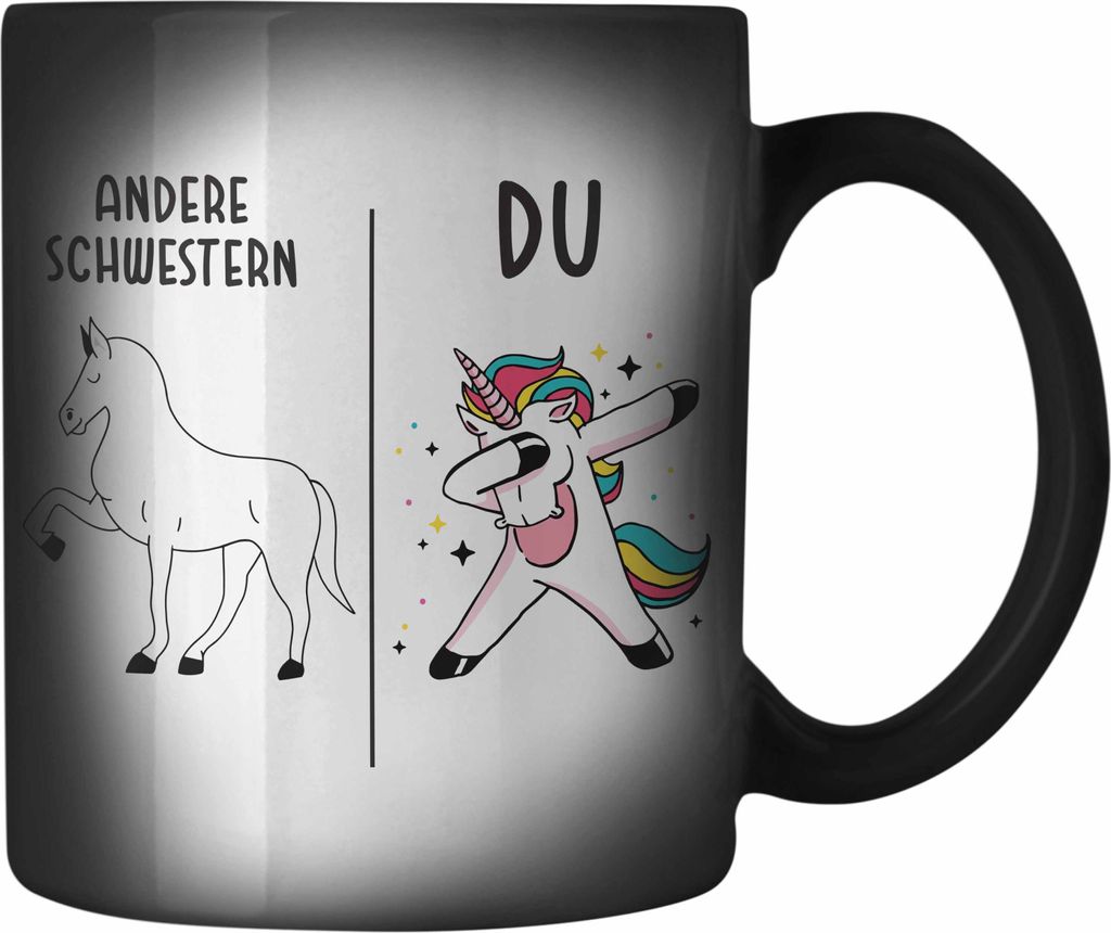 Trendation - Schwester Geschenk Geburtstag Farbwechsel Zauber-Tasse Geschenkideen Farbwechsel Zauber-Tassen mit Spruch für Schwester (Schwarz)