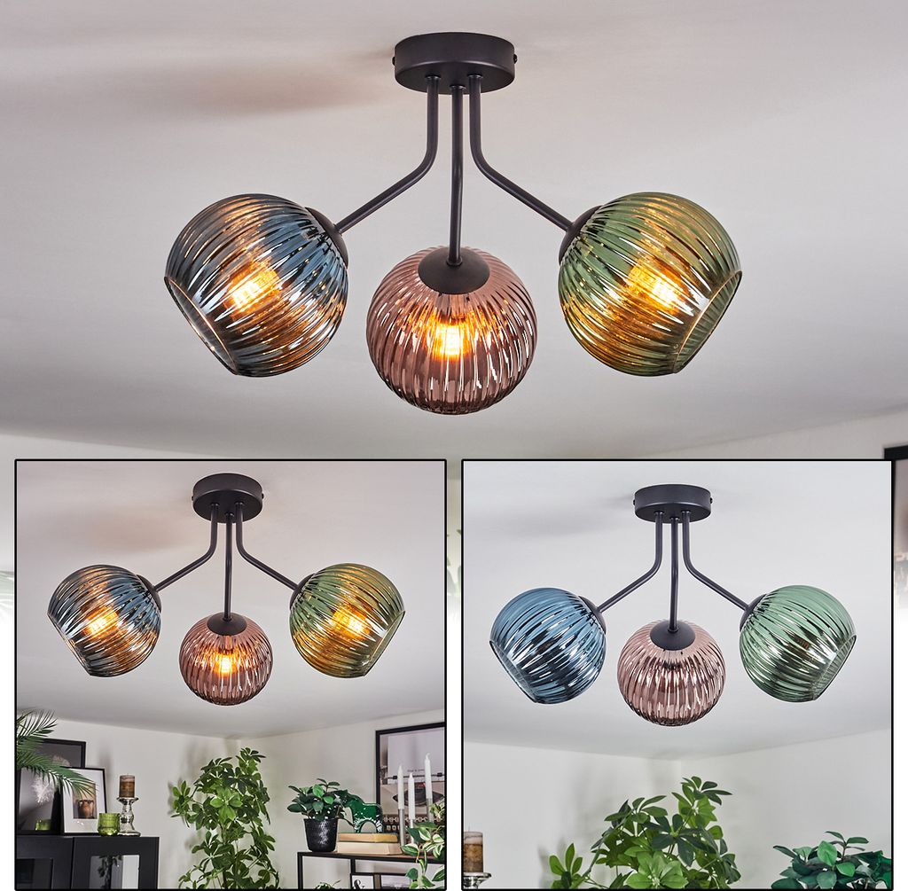 Cesaro Deckenlampe aus Metall/Riffelglas in Schwarz/Kupferfarben/Blau/Grün