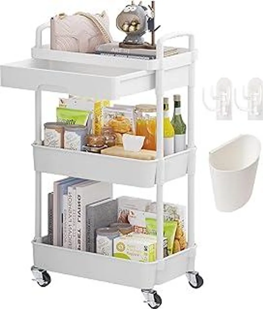 Scaffale a 3 ripiani con rotelle Carrello ausiliario con rotelle Scaffale con rotelle bianco Carrello per pulizie Carrello da parrucchiere Carrello di servizio Carrello per bricolage per bambini Carrello in plastica con cassetti Carrello portaoggetti