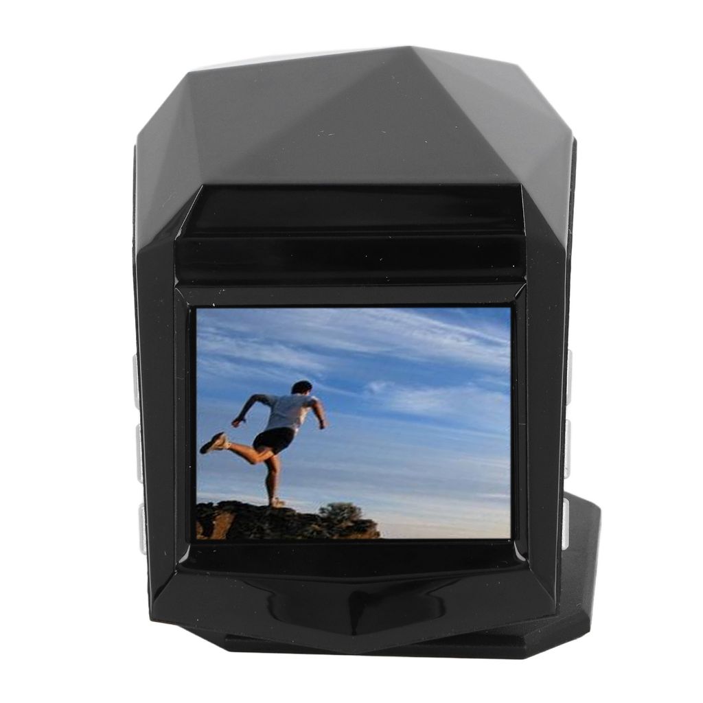A black dash cam with a screen displaying a person running.
