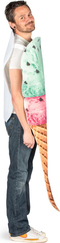 A person wearing a costume shaped like a three-scoop ice cream cone.