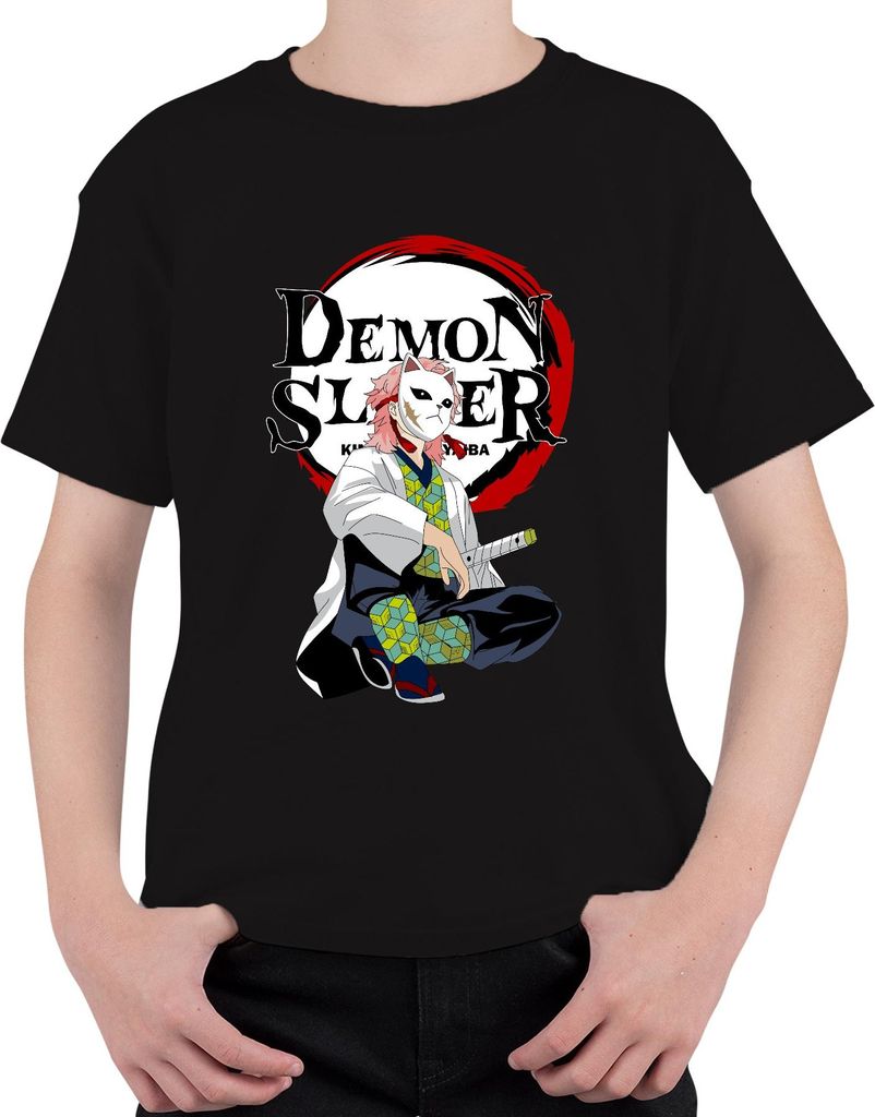 Demon Slayer Sabito Maske Anime Kimetsu no Yaiba Geschenk Uni Kinder T-Shirt, Schwarz, 140