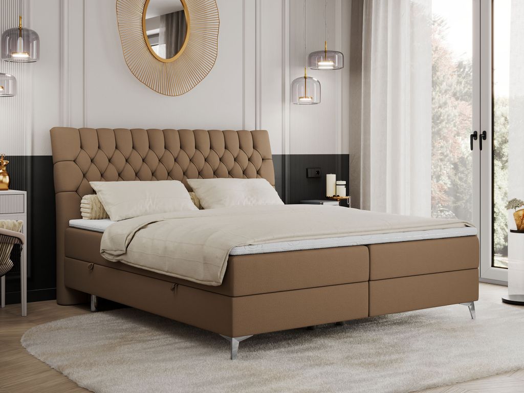 Boxspringbett 200x200 mit 2 Bettkästen Matratze und Topper, Polsterbett 200x200, Bett 200x200 - MILEN - 200x200 cm - Braun - Kunstleder - H4