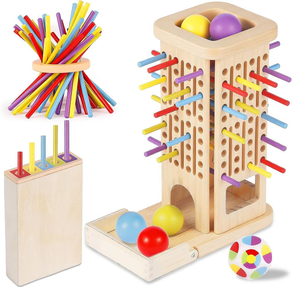 Montessori Spielzeug ab 3 Jahre, 3-in-1 Holz Montessoris Spielzeug mit Holzstock und Lern-Turm ab 3 4 5 6 Jahre, Fördert Feinmotorik & Kognitive