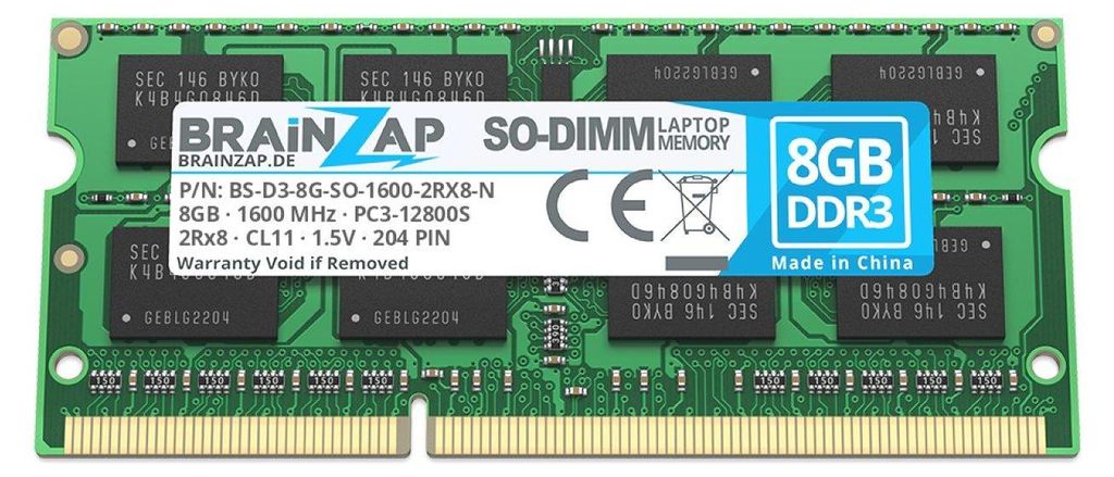A single RAM module for a laptop, shown from a top-down perspective against a white background.