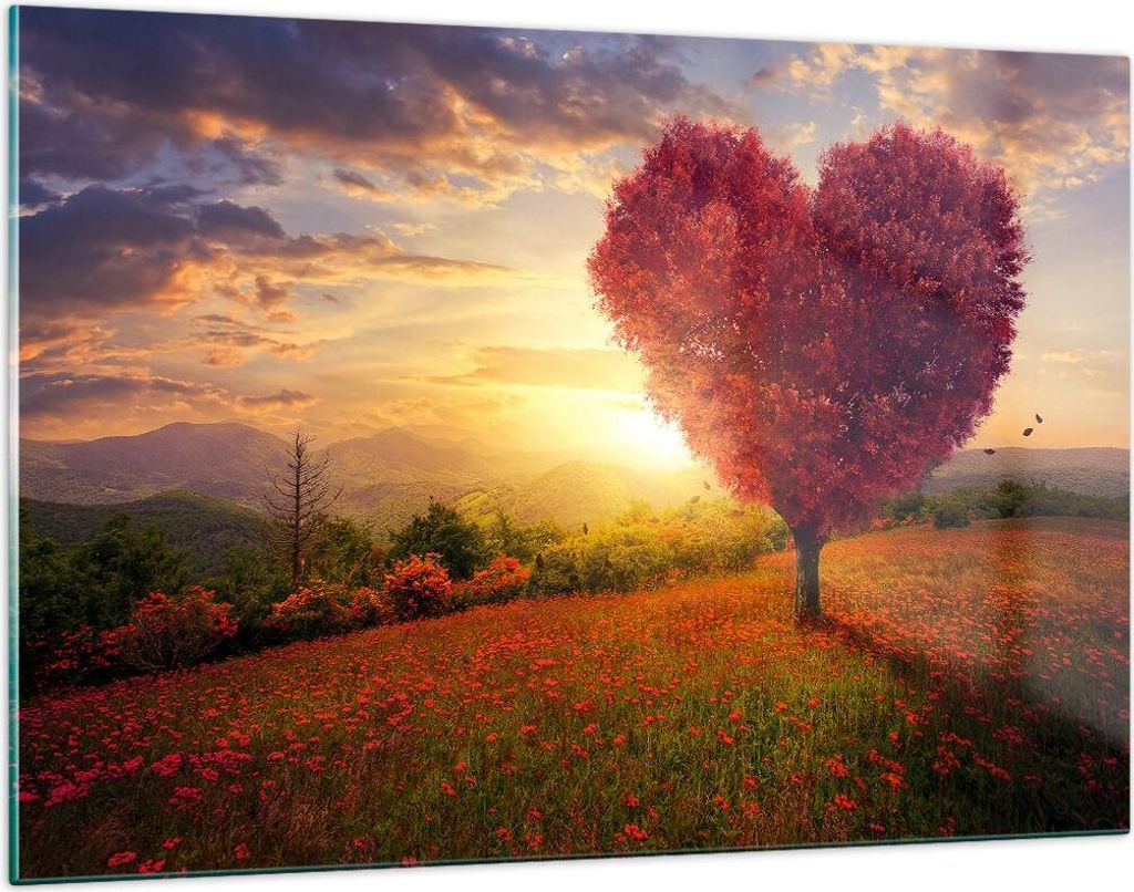 Bilder auf glas - Baum Wiese Blume - 120x80cm - Glasbilder - Wandbilder - Kunstdruck - zum Aufhängen bereit - Wanddekoration aus Glas - Glas Bilde...
