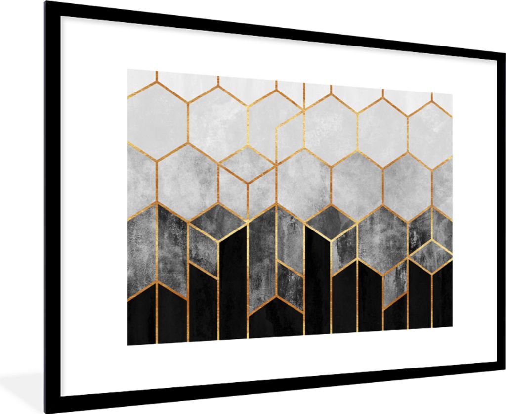 MuchoWow Gerahmtes Poster Gold - Sechseck - Chic - Muster - Luxus 90x60 cm - Poster mit Schwarzem Bilderrahmen Wandposter Rahmen Foto Bilder - Wa...