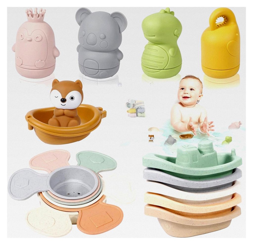 Badespielzeug für Babys ab 1 Jahr, 17-teiliges Silikon-Badewannenspielzeug BPA-frei mit 4 Spritztieren, 6 Stapelbechern, 5 Badebooten, Fuchs-Boot ...