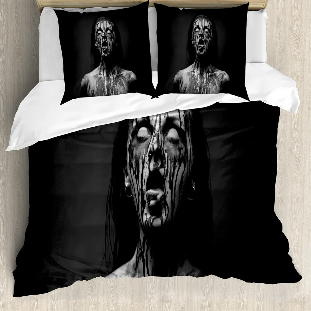 ABAKUHAUS Copripiumino Zombie, Donna che urla, Antiacaro, Adatto a chi soffre di allergie, con federe, 200 cm x 200 cm - 80 x 80 cm, Bianco e nero
