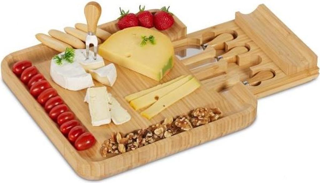 Käsetablett aus Bambus mit 4-teiligem Besteckset