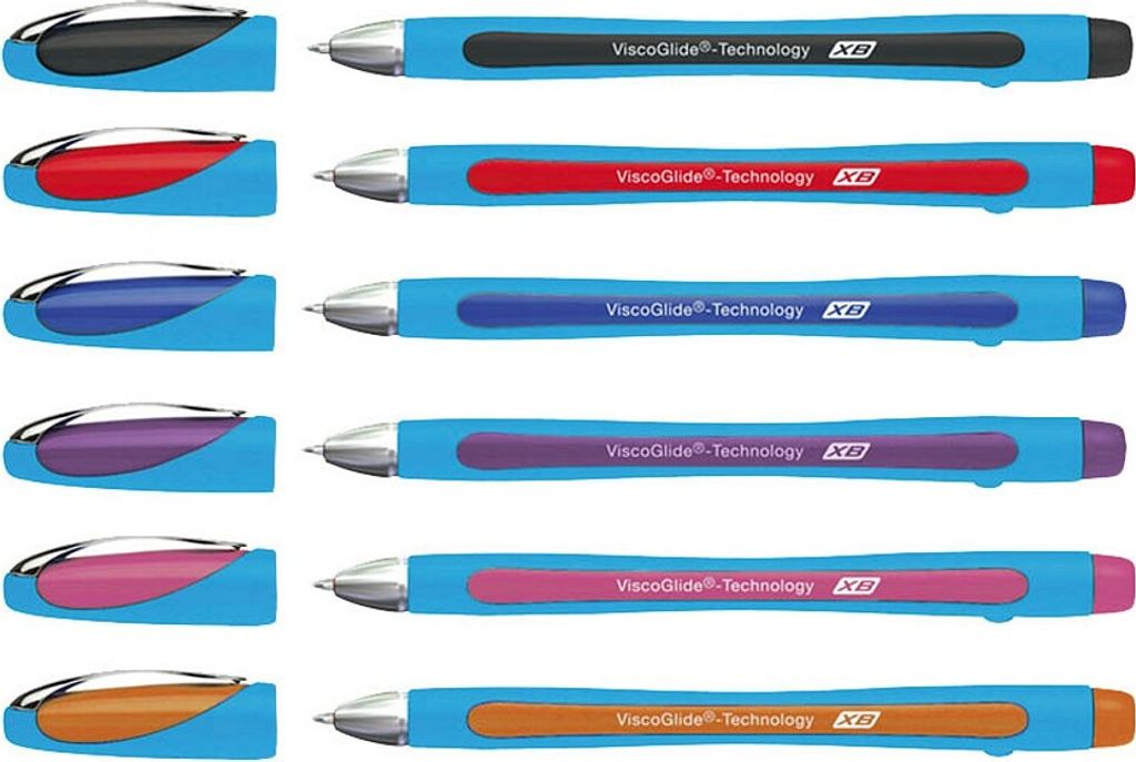 A collection of six different colored pens arranged in two columns.