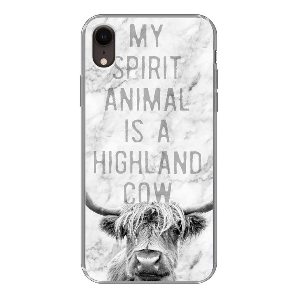 MuchoWow Handyhülle Schutzhülle Hülle für iPhone XR Schottischer Highlander - Marmor - Zitat Silikon Softcase Handy Hülle - Schutzdeckel