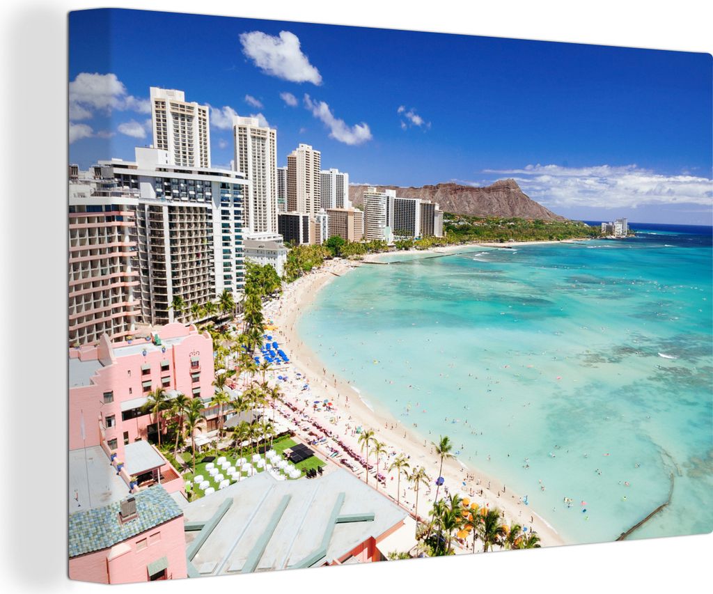 OneMillionCanvasses - Leinwandbilder - 140x90 cm, Waikiki Beach und der Diamond Head Krater auf Hawaii, Wandbilder Kunstdruck Wanddekoration - Fo...