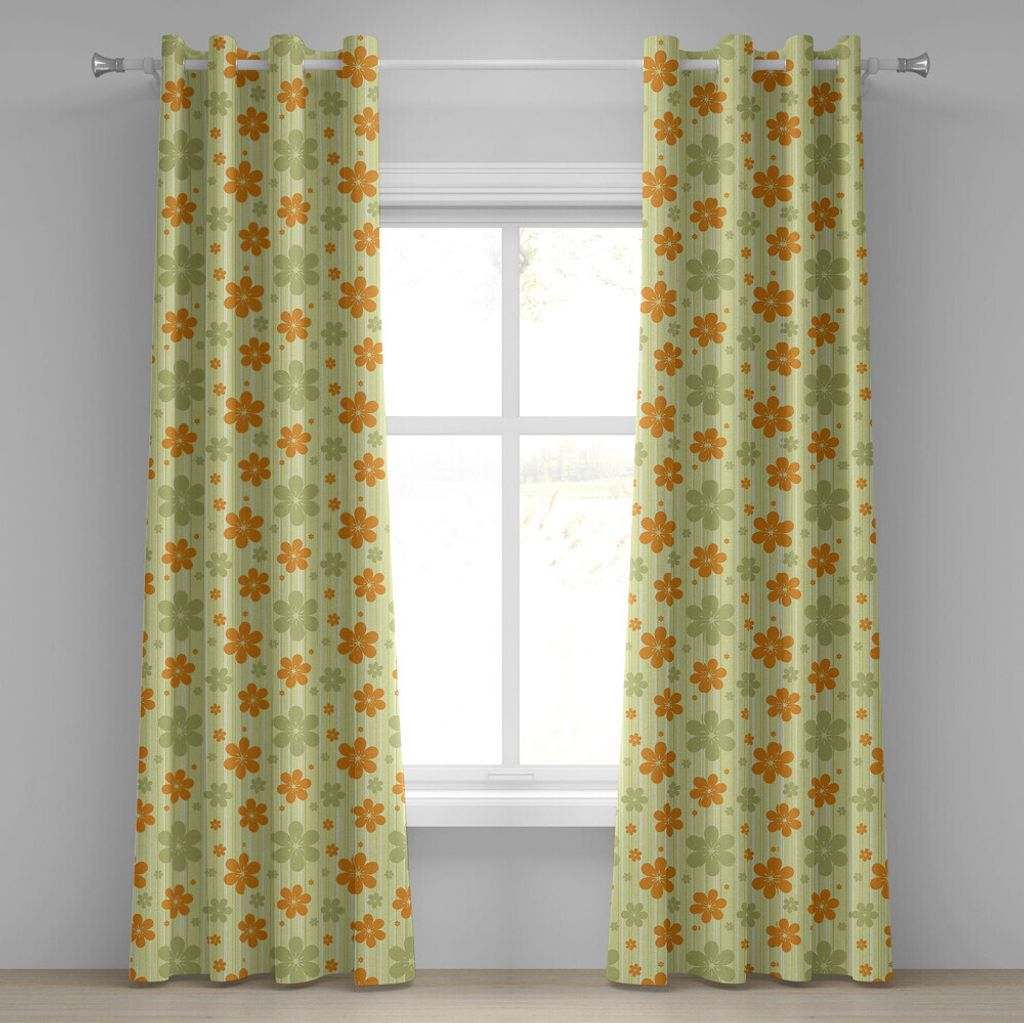 ABAKUHAUS Blumen Ösenvorhang, Große kleine blühende grafische Blumen-gestreifte Hintergrund-Retro- natürliche Kunst, Dekorative 2-Panel-Fenster...