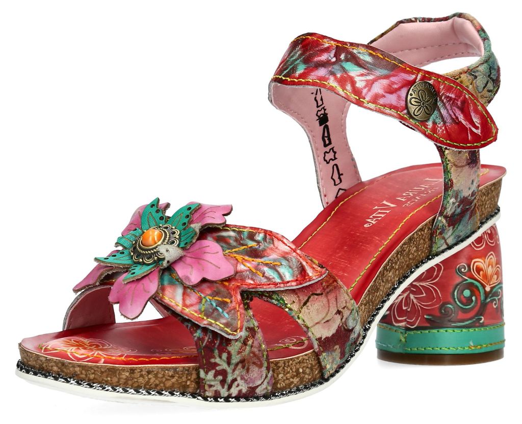 Laura Vita Damen Sandalette mit floral gemustertem Blockabsatz Framboiseo 33, Größe:40 EU, Farbe:Rot
