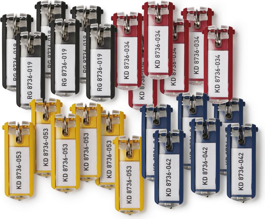 A collection of colorful key clips arranged in rows.