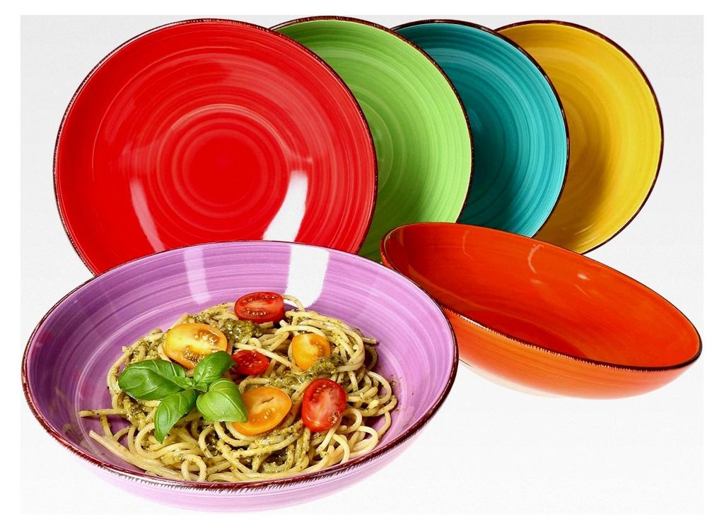 6-teiliges Set bunte Pastateller Ø 23,5 cm Tiefe Nudelteller I Servierschalen für Nudelgerichte I Steingut Salatschalen rund I Bunte Suppenteller...