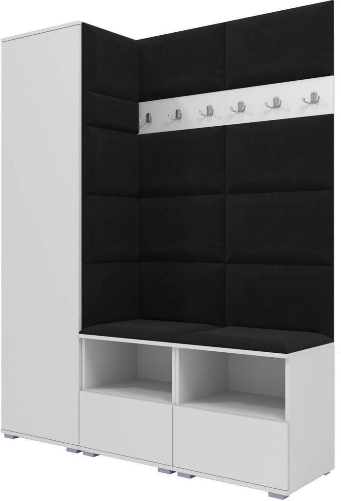 Garderoben-Set Nela II, Polstergarderobe mit zwei Schuhschränke, Flurmöbel mit Hochschrank (Farbe: Weiß + Trinity 16 (Schwarz))