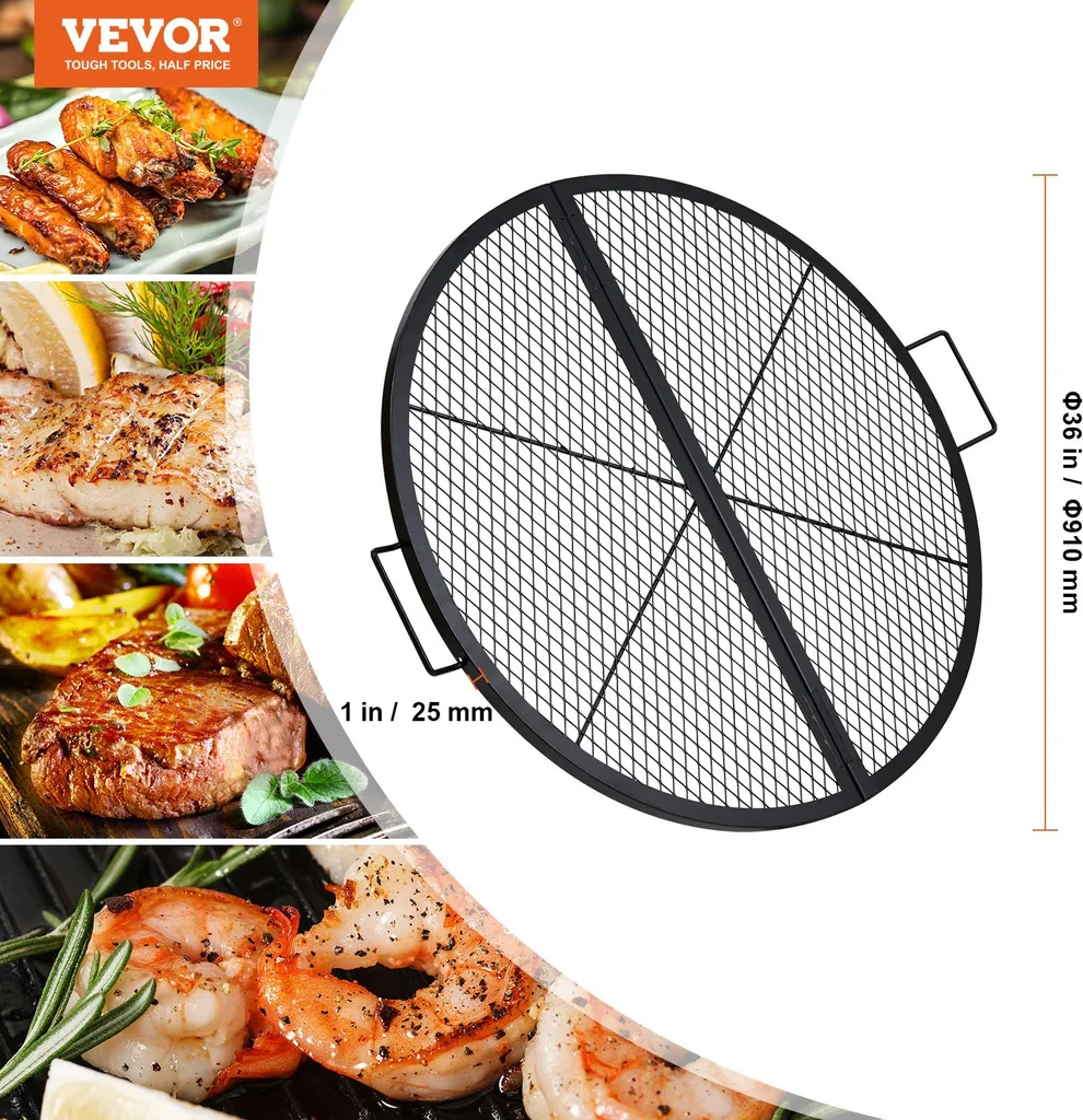 Grille de feu de camp robuste 910 mm pliable pour éviter chute des aliments