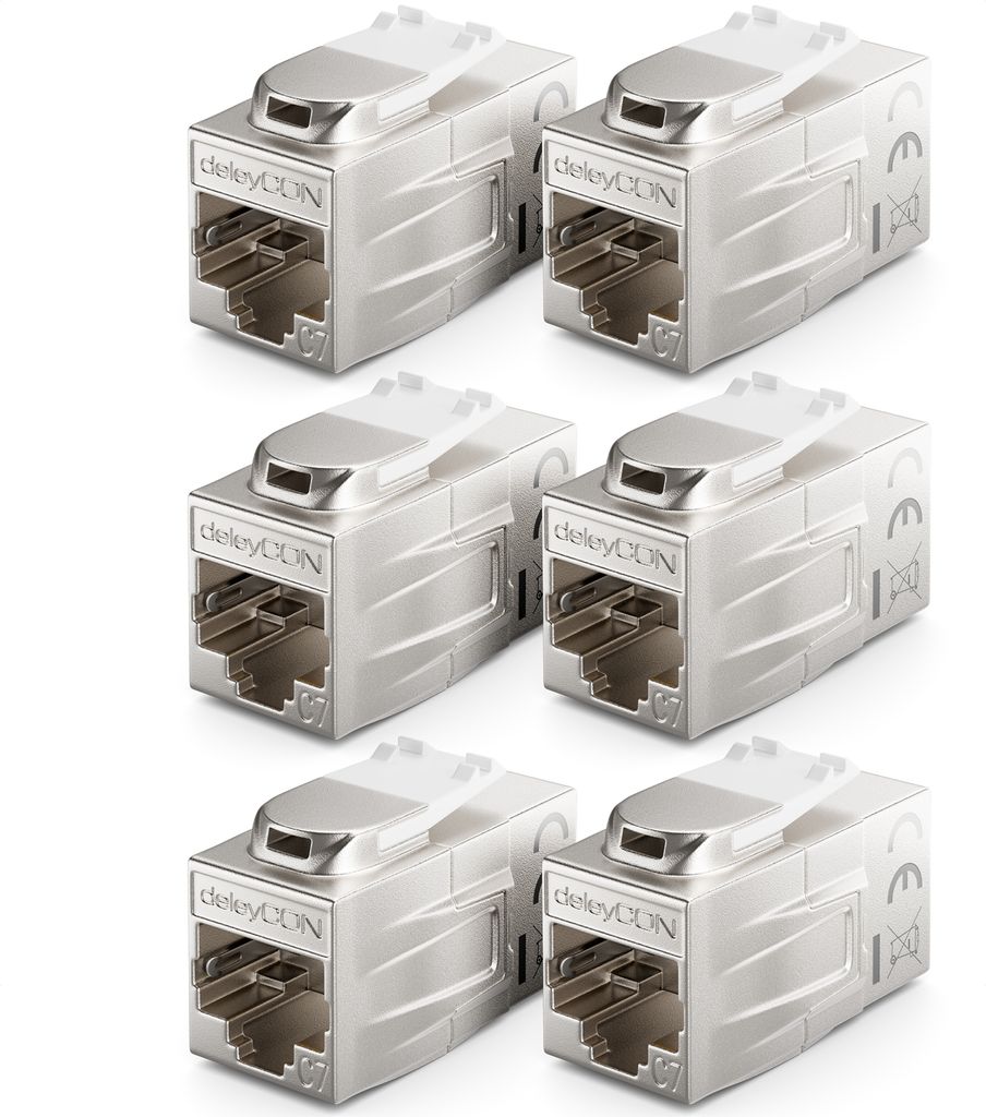 deleyCON 6 Stück CAT 7 Kupplung Keystone Metall 2x RJ45 Buchse Verbinder für RJ45 Patchkabel 600 MHz 10 Gbps LAN DSL Ethernet und Nutzbar als Key...
