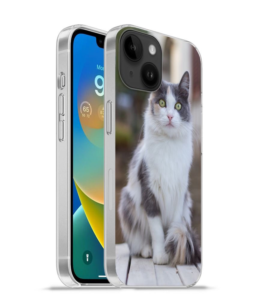 MuchoWow Handyhülle Schutzhülle Hülle für Apple iPhone 14 - Softcase Katze - Porträt - Tisch - Mädchen - Kinder - Jungen Silikon Softcase H...