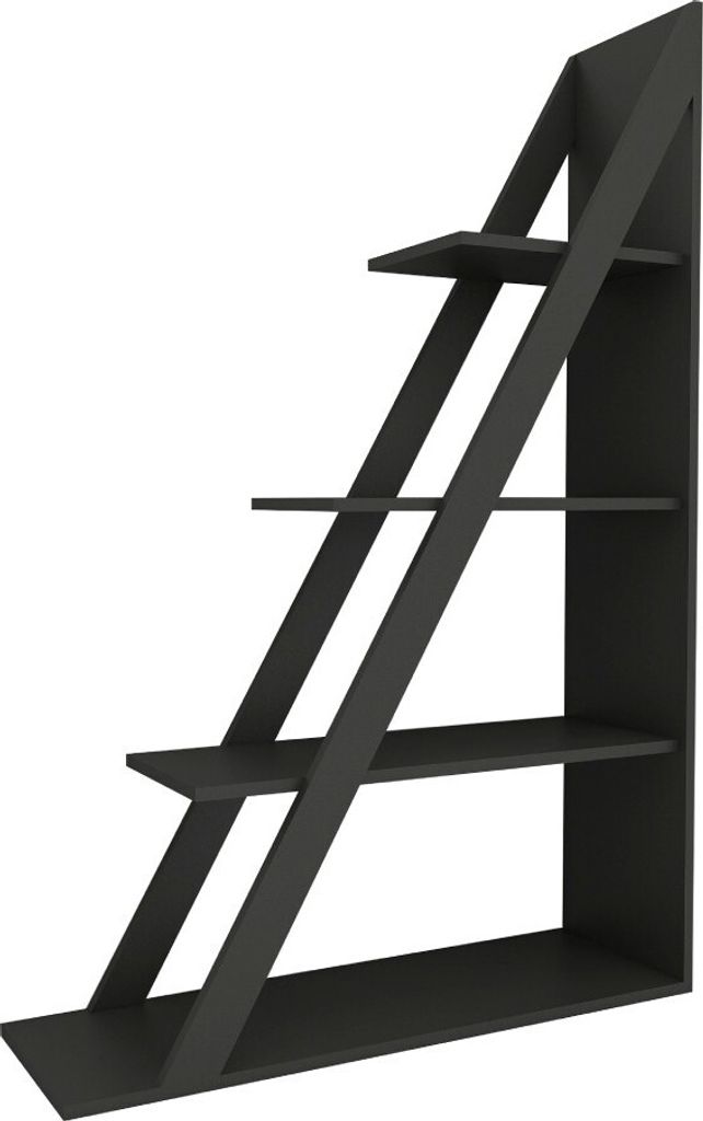 A black, modern, angled bookshelf with four shelves against a white background.
