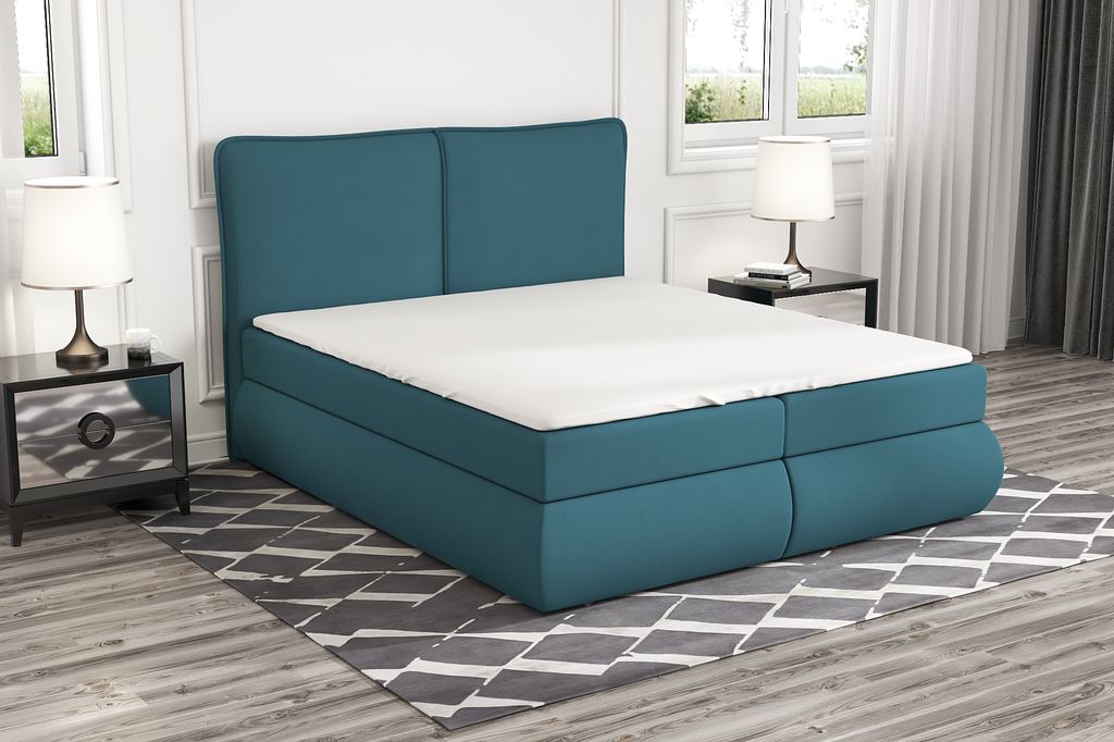 Boxspringbett KITI 200 x 200 mit 2 Bettkästen, Bonell-Matratze und Topper. Farbe: Blau
