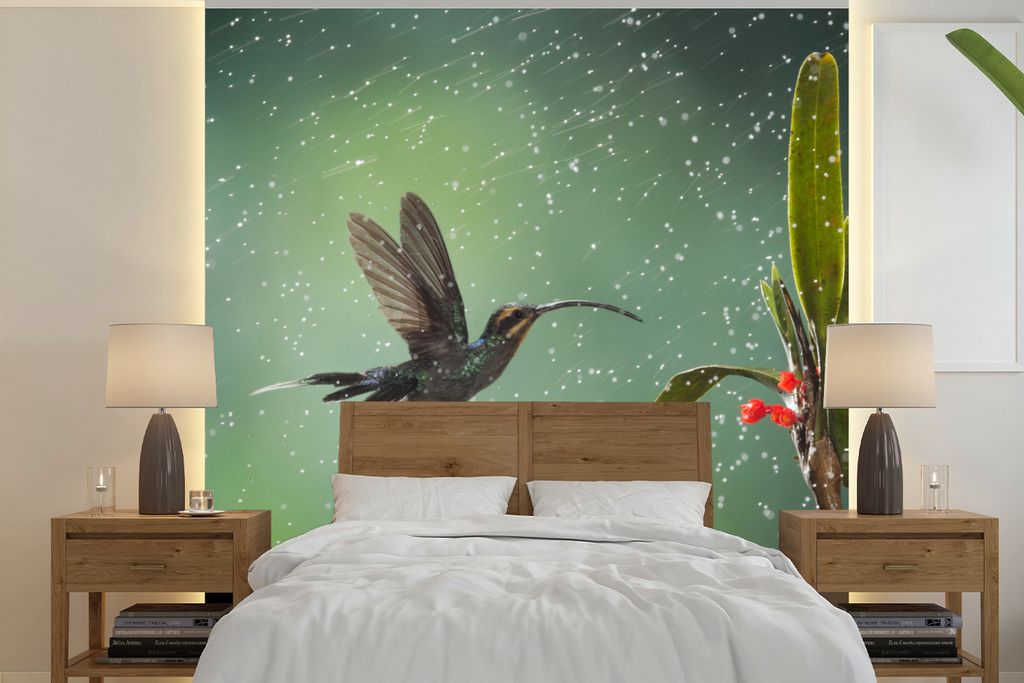 MuchoWow Fototapete für Wohnzimmer oder Schlafzimmer Wandtapete Vinyl Motivtapete Kolibri im Regen auf dem Lande in Costa Rica - 280x280 cm - Hi...