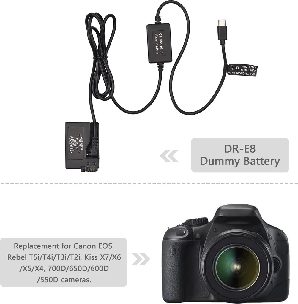 Batteria Fittizia DR-E8 USB-C Andoer per Canon EOS 700D/600D/550D