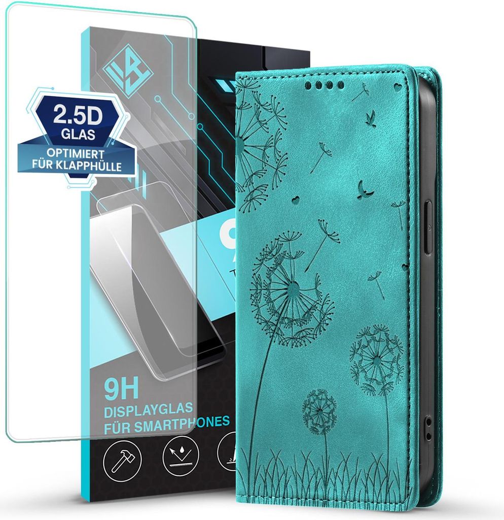 Handyhülle für Xiaomi Redmi 15 / 15 5G RFID Schutz Klapphülle Case Cover Design Blume Pusteblume Schutzhülle mit 9H Displayglas Farbe: Türkis