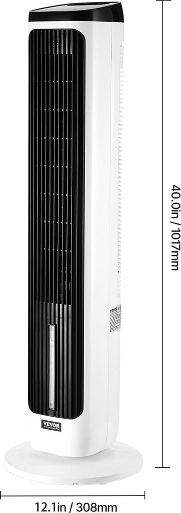 A white tower fan with a black grill and black top panel, shown in a studio setting with dimensions indicated by text.