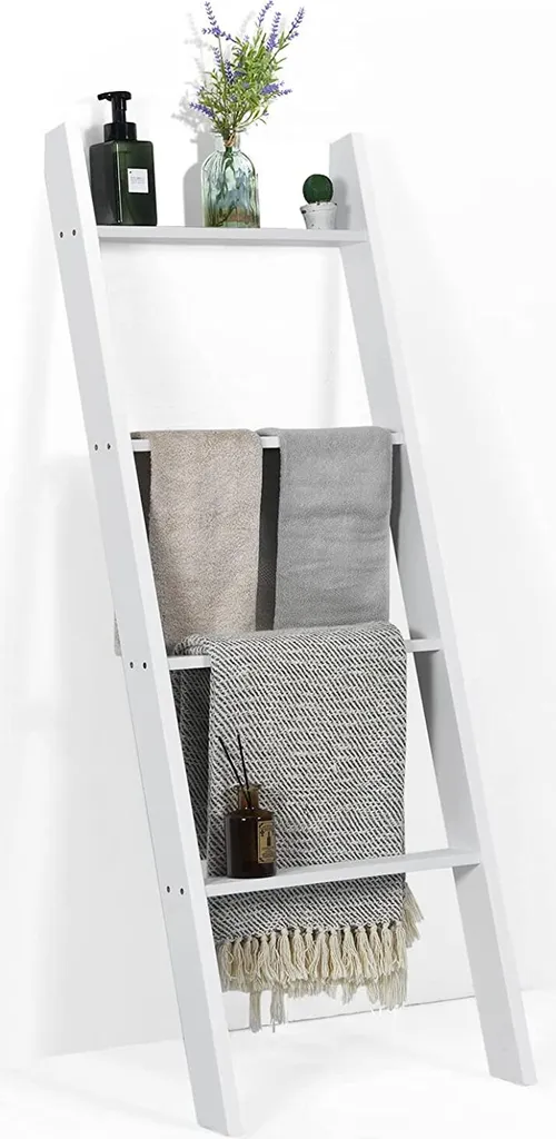 Porta Asciugamani a Scala COSTWAY in Legno Grigio e Bianco - 5 Pioli