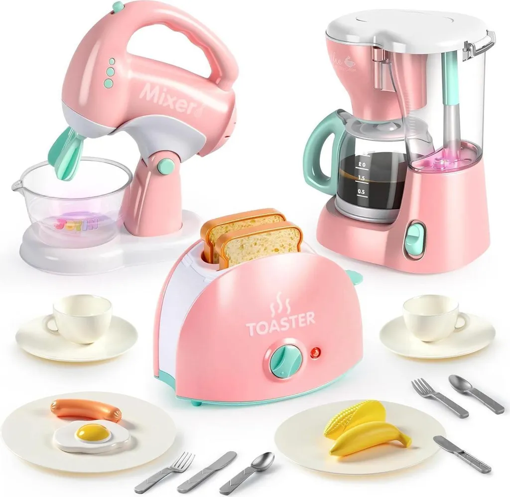 JOYIN Kit Jouet de Cuisine Rose avec Cafetière Mixeur et Grille-pain