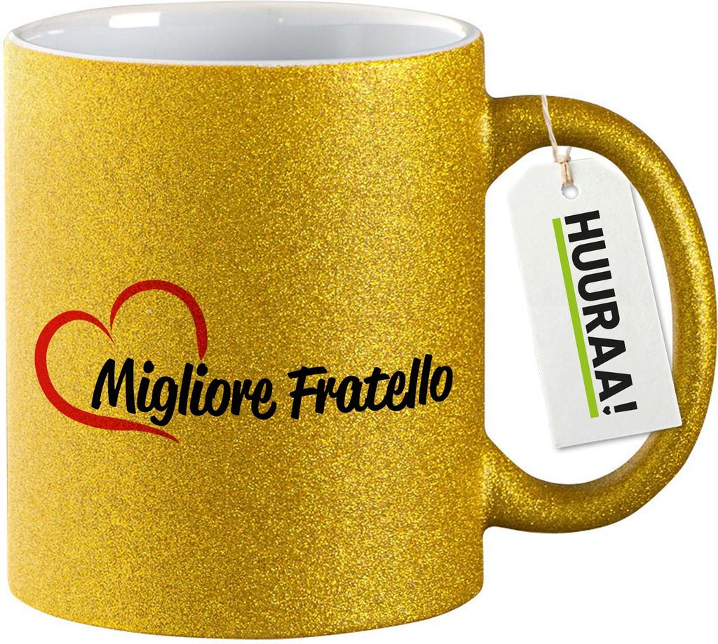 Huuraa Glitzertasse Migliore Fratello Cuore 330ml Gold Keramik Kaffeebecher Geschenkidee