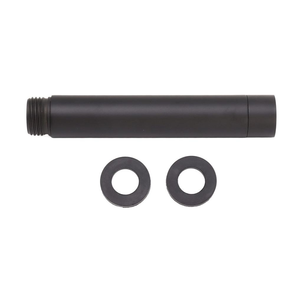 A black metal shower extension pipe with two black washers shown against a white background.