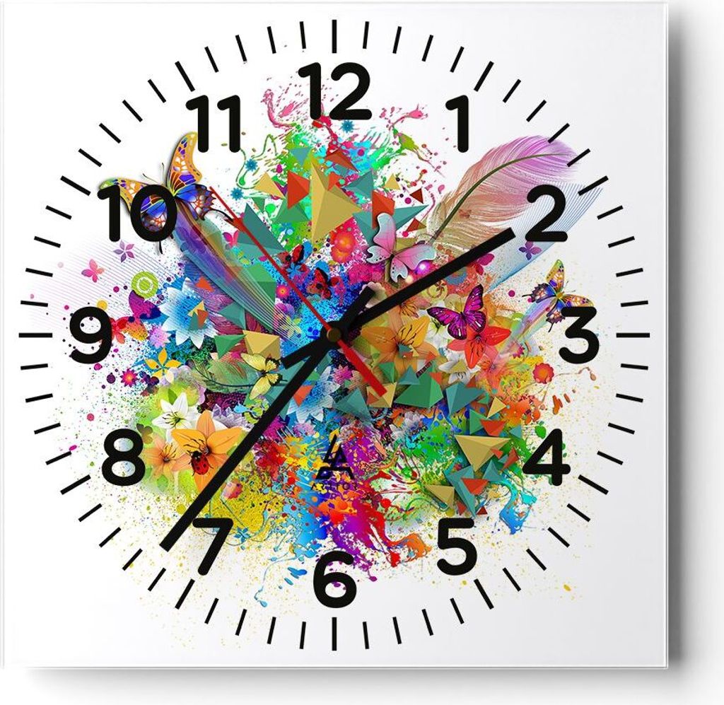 Wanduhr - Quadrat - Glasuhr - Schmetterling Farbe Blume Komposition - 30x30cm - Schleichendes Uhrwerk - Lautlos - zum Aufhängen bereit - Dekoratio...