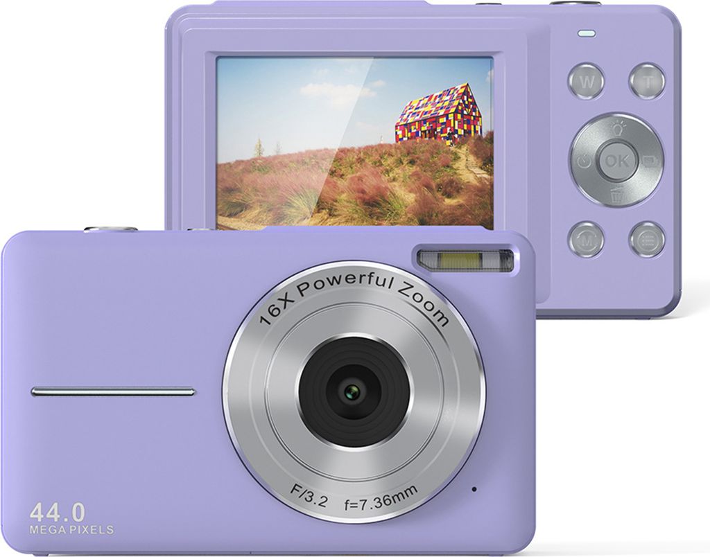 OKWISH kompakte Digitalkamera, 4K HD 1080P 44MP Fotokamera mit 32 GB SD-Karte, 16-fachem Digitalzoom, elektronischer Bildstabilisator, Lila