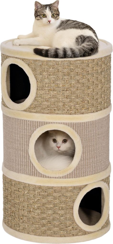 PawHut Kratztonne für Katzen 79 cm Hoch Ø 45 cm Katzentonne mit 3 Etagen Sisalseil, Plüsch Katzenhöhle, Kratzbaum für große Katzen, Khaki+Kaffee