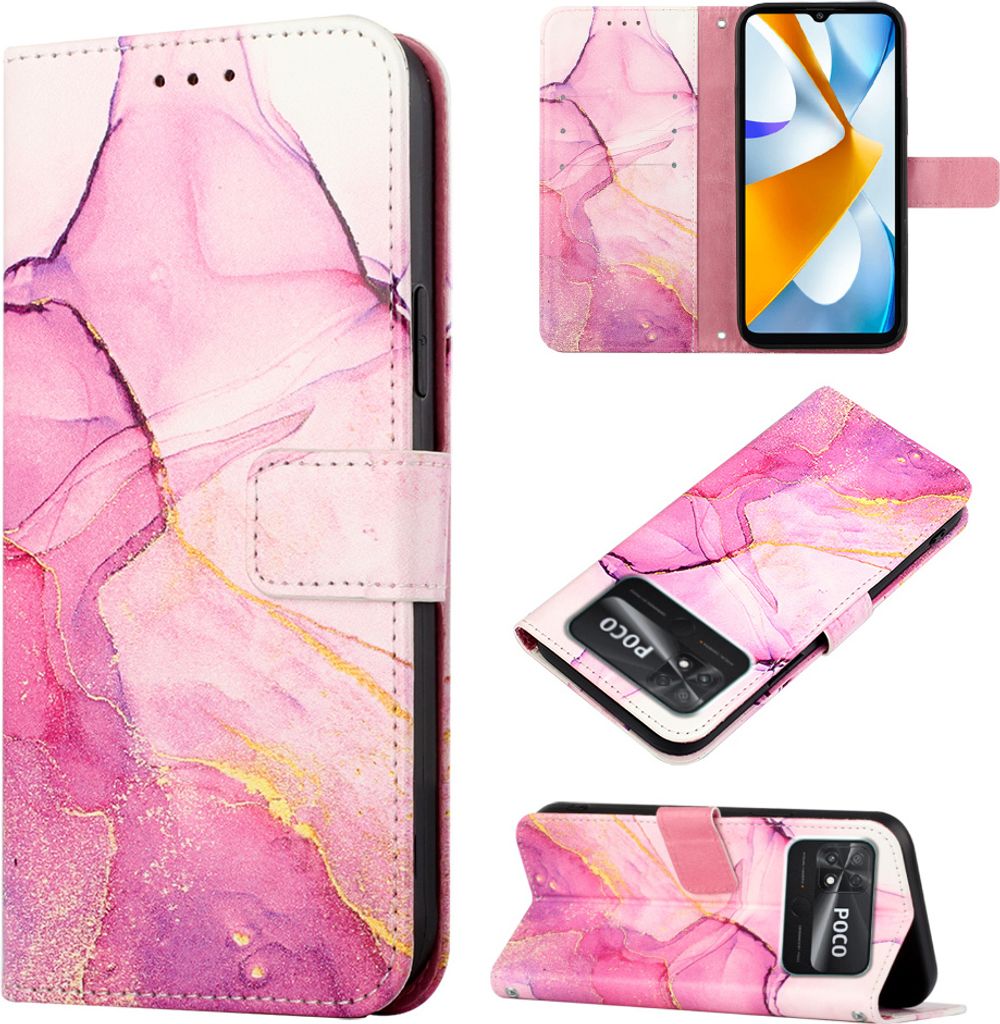 Xiaomi Poco M4 Pro 4G Hülle, Marmor Motiv Kunstleder Tasche Wallet Kartenfächer mit Standfunktion Klapp Schutzhülle für Xiaomi Poco M4 Pro 4G Rosa