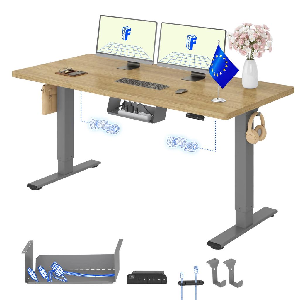 FLEXISPOT E1 Pro Elektrisch Höhenverstellbarer Schreibtisch EU, 140x80cm 25MM EINTEILIGE TISCHPLATTE Doppelmotor 120KG Tragkraft Natur-Eiche Optik