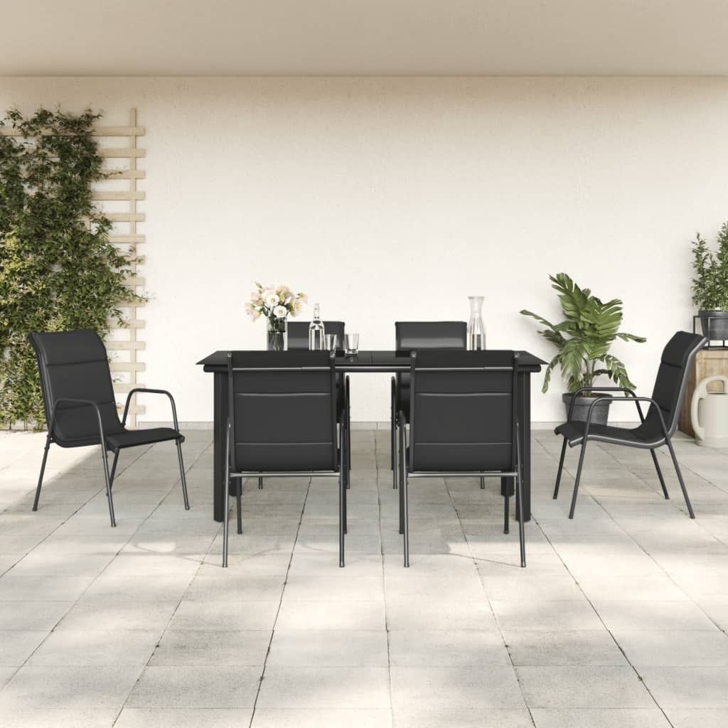 The Living Store 7-tlg. Garten-Essgruppe Schwarz Stahl und Textilene